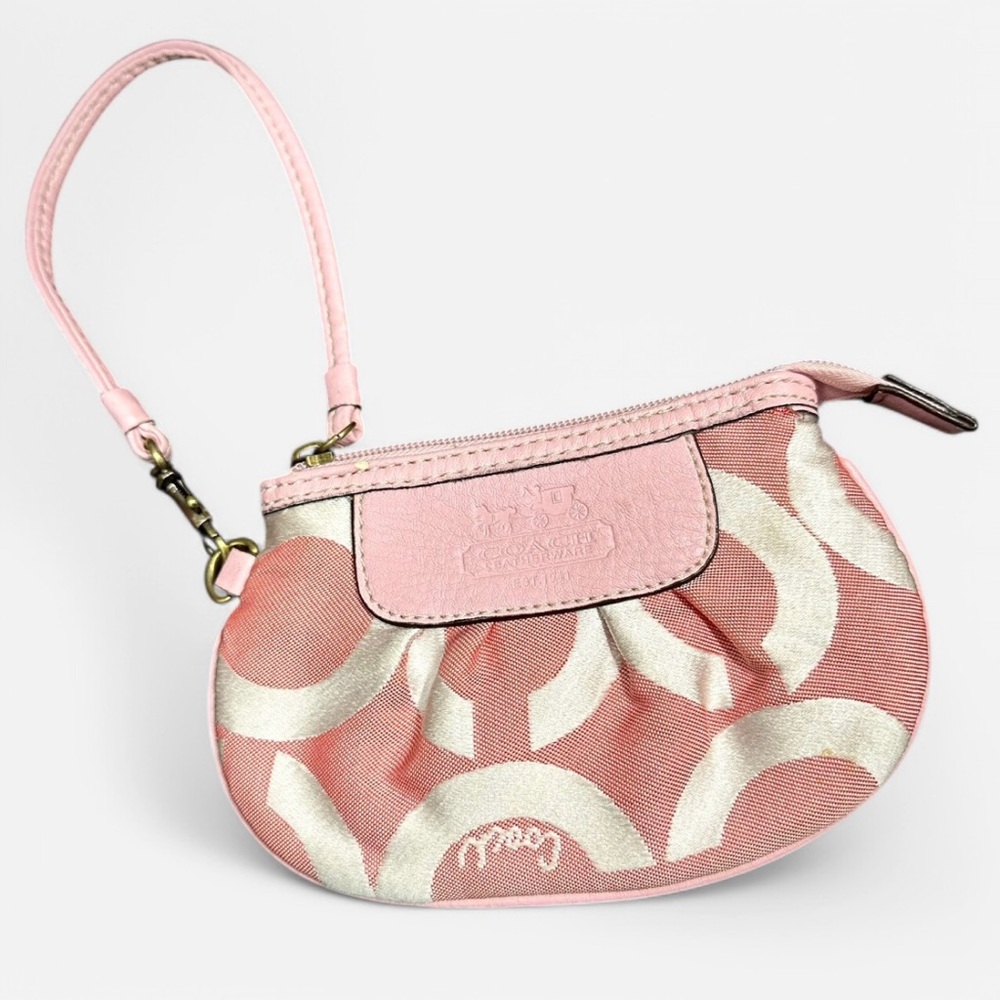 Coach Wristlet Signature Pink and White Monogram Logo Leather Trim